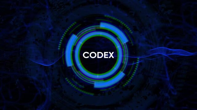 Futuristic digital H U D interface with glowing blue and green concentric circles and the word C O D E X in white text against a dark abstract background with digital wave patterns and fragmented