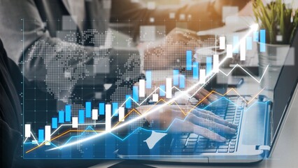 Business professionals analyze financial data and trends using charts on their laptops in a modern office, highlighting collaboration and strategic growth in the work environment. Copula