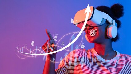 A joyful woman engages with virtual reality technology, wearing a headset, while graphical data overlays showcase growth trends and interactive digital elements. Raster