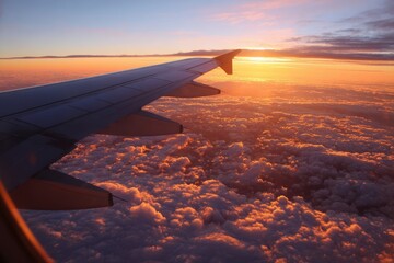 Obraz premium Airplane wing above clouds Sunset view Flight travel concept Dramatic lighting High angle view