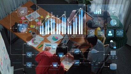 A collaborative team meeting showcasing data analysis with graphs and charts. A dynamic workspace filled with technology, creativity, and planning elements fosters innovation. Raster