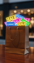 A shopping bag with glowing sale signs inside.
