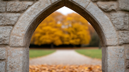 Fototapeta premium Stone Archway View: An arched stone structure frames a pathway leading to a vibrant golden-leaved tree in a peaceful park setting, capturing autumnal beauty.