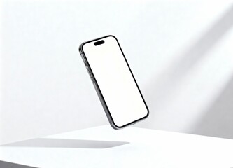 Sleek modern smartphone floating above white surface, soft shadows, blank screen for design placement, ultra-clean product photography style.