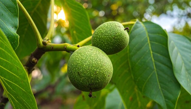 Green walnuts on a branch - Powered by Adobe