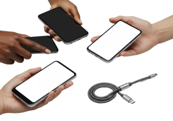 Three sleek smartphones (black, silver, white) with blank screens, cradled by diverse hands (fair, medium, dark skin), with a coiled charging cable on transparent background, high-key isometric shot,