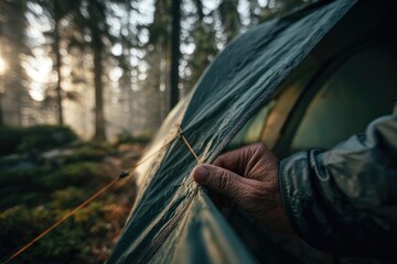 Setting up a camping tent in a serene forest at dawn with morning light filtering through the trees