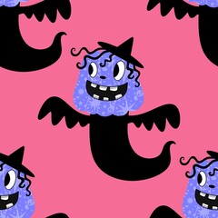 Autumn harvest vegetable seamless monster Halloween pumpkins pattern for wrapping paper and fabrics