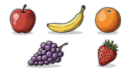 A colorful collection of hand drawn fruits including an apple banana orange grapes and strawberry