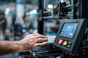 Operator adjusts settings on 3D printer in modern workshop during creative project development