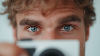 A close-up captures a person with striking blue eyes holding a camera, creating a sense of engagement and focus on the act of capturing a moment.