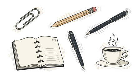 Creative workspace essentials including a notebook pens pencil paperclip and a steaming cup of coffee
