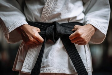 Practicing martial arts with a focus on tying a black belt at a dojo during training session