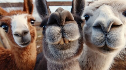 Obraz premium Three curious alpacas and a funny donkey making a humorous selfie expression, bringing joy and laughter on a sunny day at the farm, close up on their faces and teeth