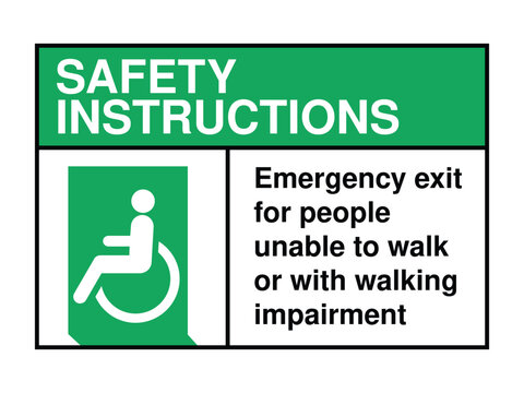 Accessible Emergency Exit Safety Sign – Wheelchair Icon with Green Header and Inclusive Message for Mobility-Impaired Evacuation High-Quality Vectorial Stock Image