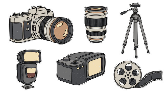Fototapeta Collection of vintage and modern photography equipment and film reel illustrated on black background