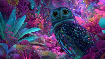 Owl gazes from a glowing, bioluminescent fantasy forest where neon flora and ethereal light create a vibrant, magical, dreamlike ecosystem at night