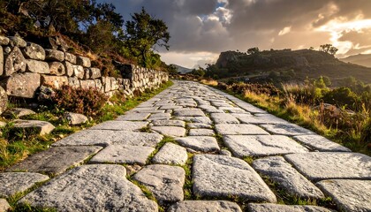 Ancient stone road in sunlit landscape