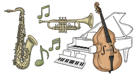 Jazz ensemble featuring saxophone trumpet double bass piano and musical notes on black background