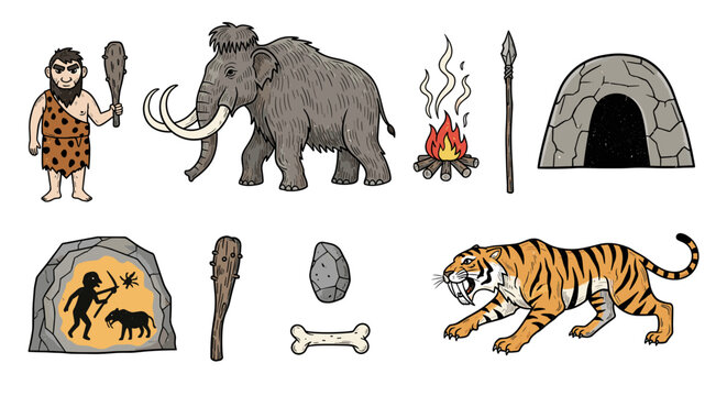 Prehistoric life depicted with caveman mammoth fire spear cave and tiger illustrations