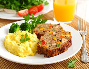 Slices of hearty meatloaf served alongside creamy mashed potatoes and fresh vegetables, presented on a white plate with a backdrop of natural textures.