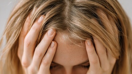Woman feeling a strong headache, pressing her hands against her head and scalp, showing visible stress, anxiety, and hair health concerns at the roots