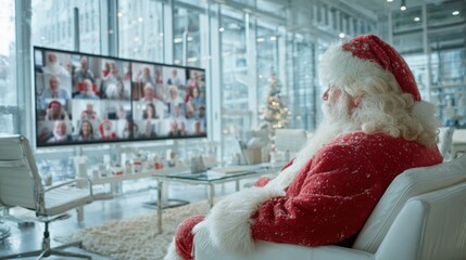 Santa Claus interacts with children during virtual holiday celebration in modern office