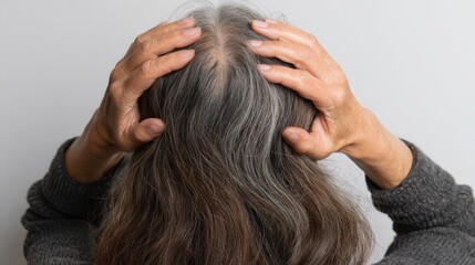 Naklejka premium Woman's hands examining her scalp, showing gray roots and natural silver hair transitioning from darker strands, a visual representation of aging, hair health, and self care