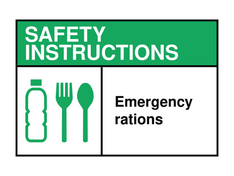 Emergency Rations Safety Instruction Sign – Food and Water Supply Icon with Green Header and Survival Readiness Message High-Quality Vectorial Stock Image