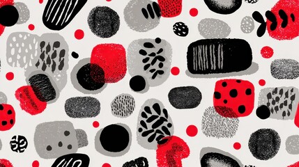 Abstract seamless pattern creating a modern texture with organic shapes, various black, grey, and red elements, dots, and lines on a light background