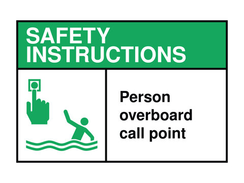 Person Overboard Call Point Safety Instruction Sign – Maritime Alert Icon with Green Header and Rescue Activation Message High-Quality Vectorial Stock Image