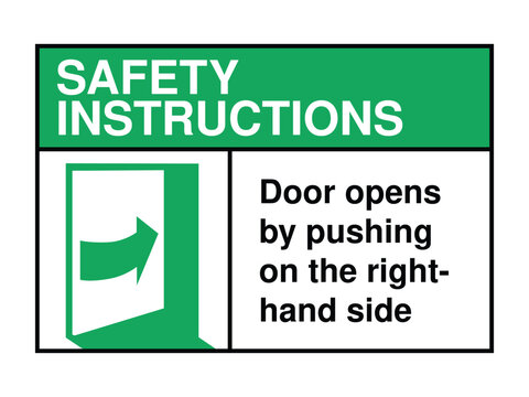 Push Door Right Safety Instruction Sign – Directional Access Icon with Green Header and Emergency Operation Message High-Quality Vectorial Stock Image