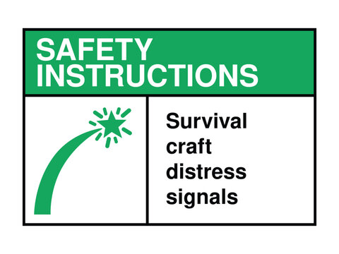 Survival Craft Distress Signals Safety Instruction Sign – Emergency Flare Icon with Green Header and Maritime Alert Message High-Quality Vectorial Stock Image