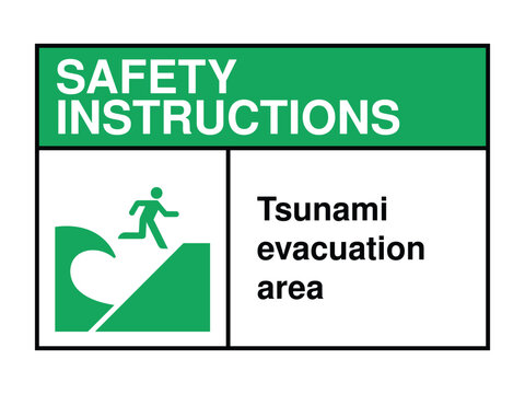 Tsunami Evacuation Area Safety Instruction Sign – Emergency Escape Icon with Green Header and Coastal Alert Message High-Quality Vectorial Stock Image