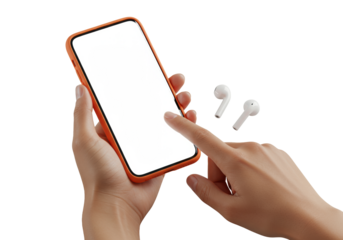 Modern smartphone with vibrant tangerine case & blank screen, held by elegant hands with manicured nails & white earbud, on transparent, soft studio light, high-tech product presentation