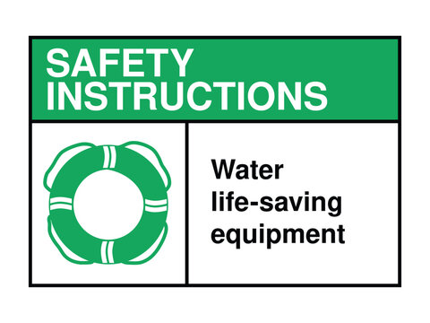 Water Life-Saving Equipment Safety Instruction Sign – Lifesaving Preserver Icon with Green Header and Aquatic Emergency Message High-Quality Vectorial Stock Image