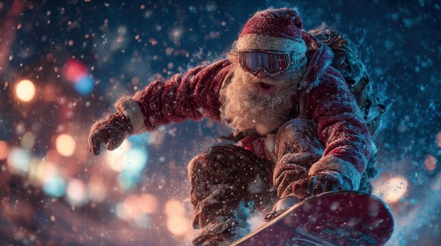 Santa Claus snowboarding at night in a festive winter landscape with vibrant lights