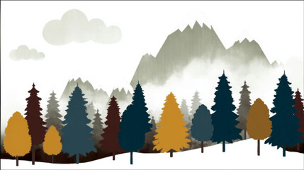 a stylized landscape featuring colorful trees and mountains
