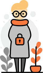 a cartoon character wearing a gray sweater and an orange scarf, standing next to a potted plant
