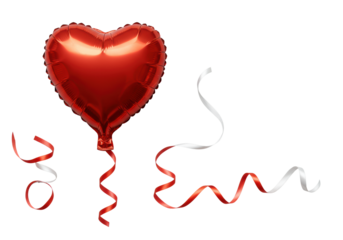 Vibrant red heart foil balloon with a flowing red ribbon and a coiled white silk ribbon on a seamless transparent background with diffused studio light, elegant product concept