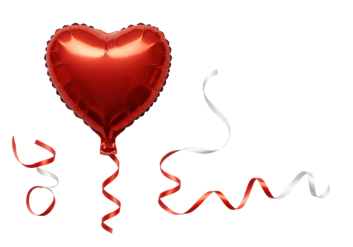 Vibrant red heart foil balloon with a flowing red ribbon and a coiled white silk ribbon on a seamless transparent background with diffused studio light, elegant product concept