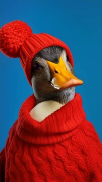 A whimsical close-up of a duck in a red knit sweater and hat against a blue backdrop, styled like a quirky character from a fun video. Live mobile wallpaper.