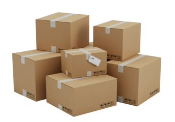 Pristine, sealed kraft cardboard boxes, varying sizes, stacked on transparent background, bright studio light. One box has a 'SHIP' label. Concept of professional logistics