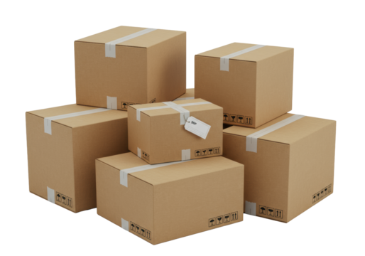 Pristine, sealed kraft cardboard boxes, varying sizes, stacked on transparent background, bright studio light. One box has a 'SHIP' label. Concept of professional logistics