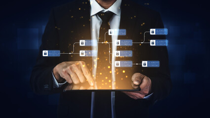 Blockchain structure showing distributed data blocks linked with encryption, representing secure...
