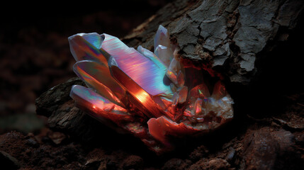 Colorful crystal cluster in rocky environment