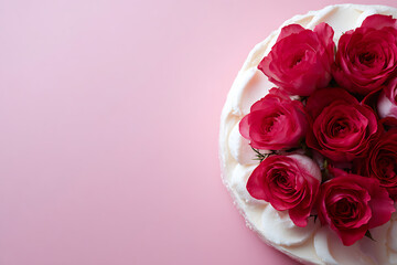 pink background with beautiful roses and a strawberry cream cake, top view with space for text happy mothers day minimal concept, studio shot