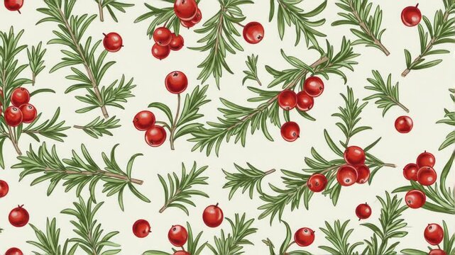 A seamless pattern featuring vibrant red berries and green foliage on a light background