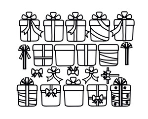 Gift boxes with bows, ribbons, patterns, decorations, hand-drawn designs with black outlines, on a transparent background, for printing and design.