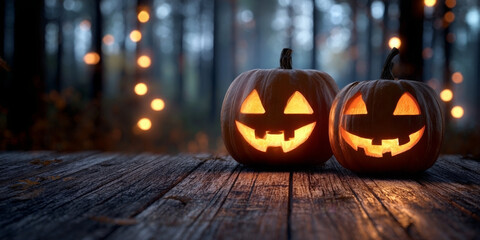 Fototapeta premium Two carved pumpkins on a wooden surface, lit from within, in a forest setting.